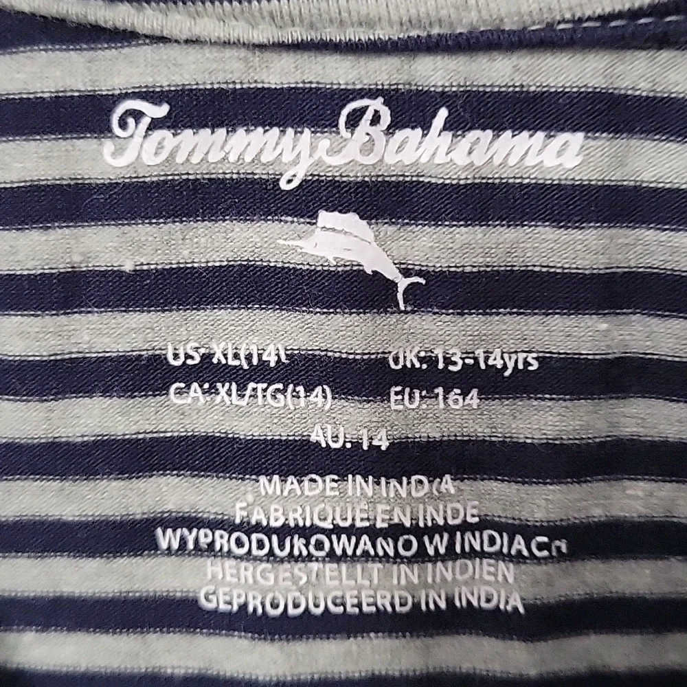 Tommy Bahama Navy and Grey Striped Polo, Size X-large (14)